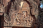 Banteay Srei temple - northern library west pediment, Krishna slaying Kamsa his wicked uncle 